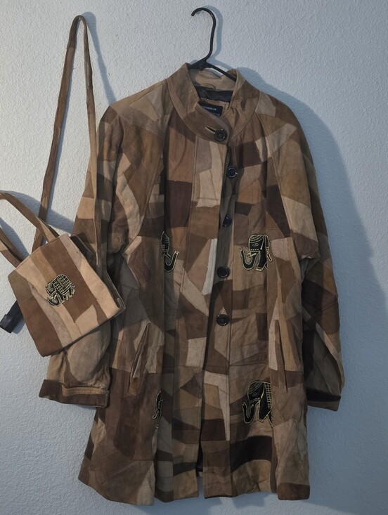 Jessica Taylor Jackets & Blazers - Patchwork Suede Coat with Embroidered Elephant with matching crossbody purse.